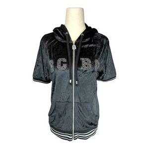 BCBG Vintage Y2K Short Sleeve Velour Full Zip Track Jacket Bedazzled in Black